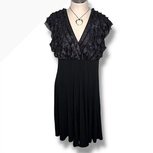 Connected Apparel‎ Women 16 Black Ruffled V Neck Cap Sleeve Dress Whimsigoth NEW